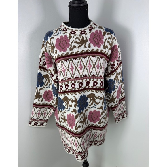 Adele Knitwear Sweaters - Vintage 90s 80s Floral Tapestry Knit Crewneck Sweater Grandmacore Pullover XL